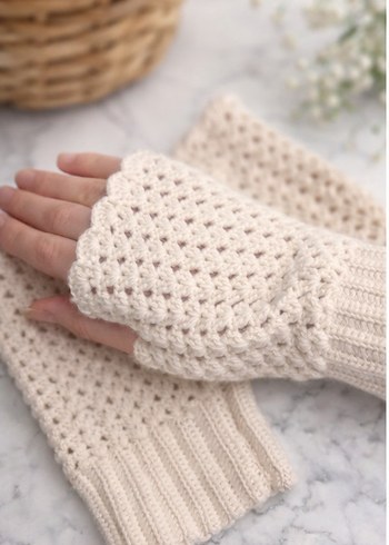 Beyaz Örgü Bohem Kadın Eldiveni - Görsel 3