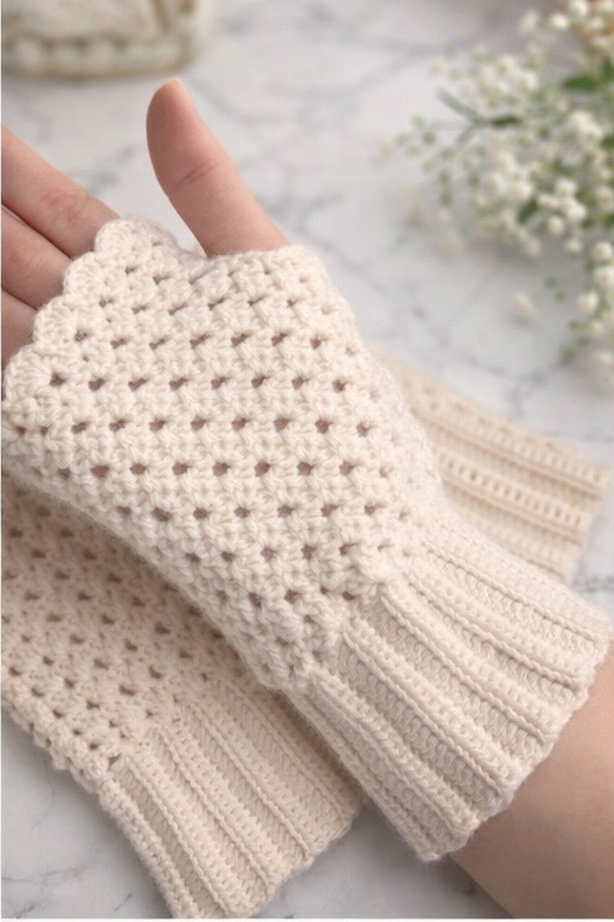 Beyaz Örgü Bohem Kadın Eldiveni - Görsel 2