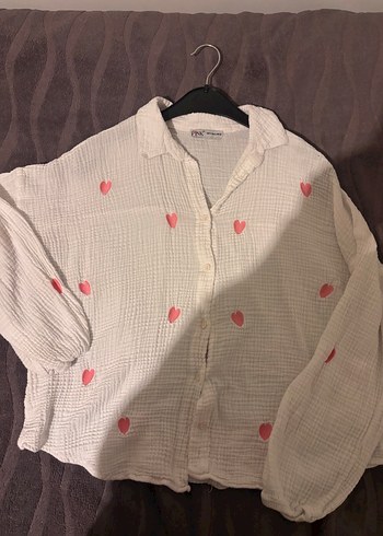 Pembe kalp nakışlı müslin kumaş gömlek - Görsel 7