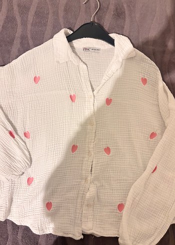 Pembe kalp nakışlı müslin kumaş gömlek - Görsel 4