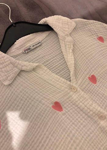 Pembe kalp nakışlı müslin kumaş gömlek - Görsel 6