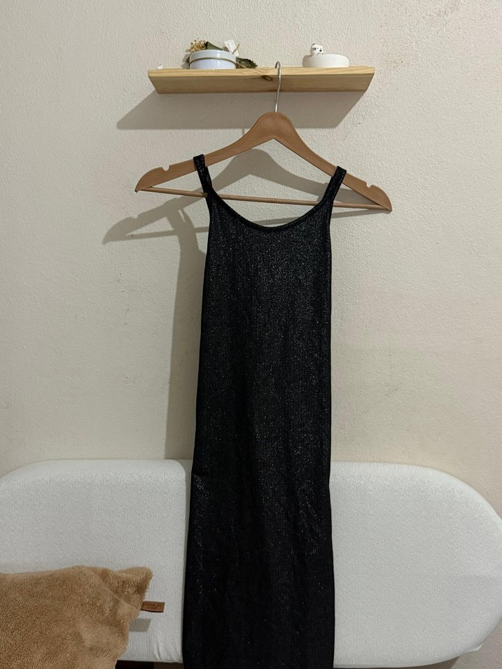 Siyah Fitilli Midi Elbise - Görsel 3