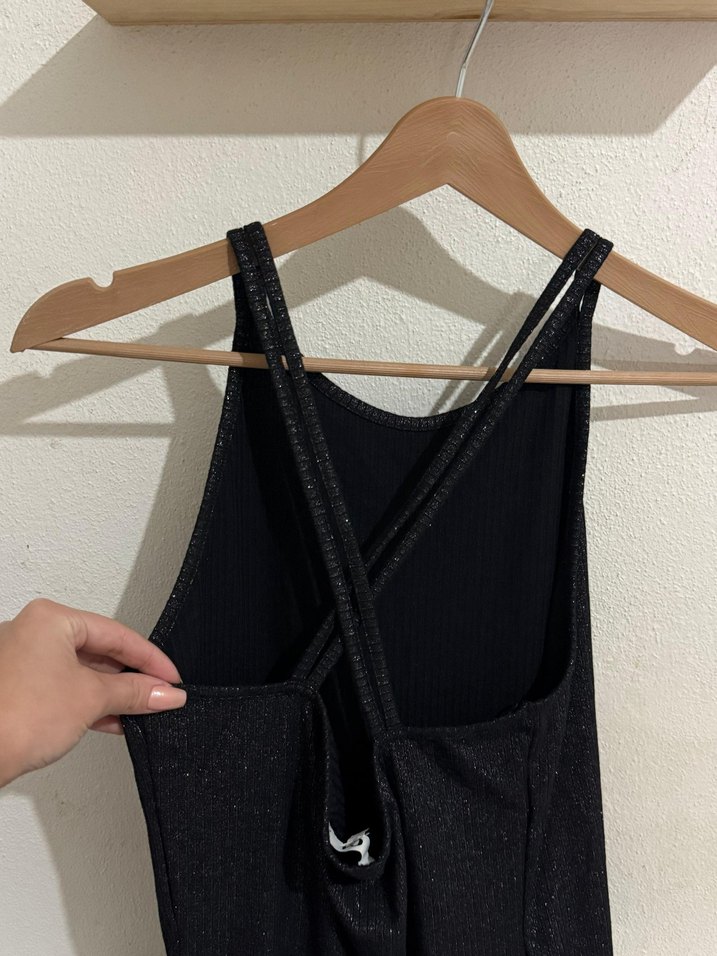 Siyah Oval-Yaka Fitilli Midi Triko Elbise - Görsel 2