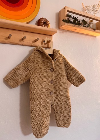 Bej Örgü Bebek Tulumu Kapüşonlu - Görsel 2