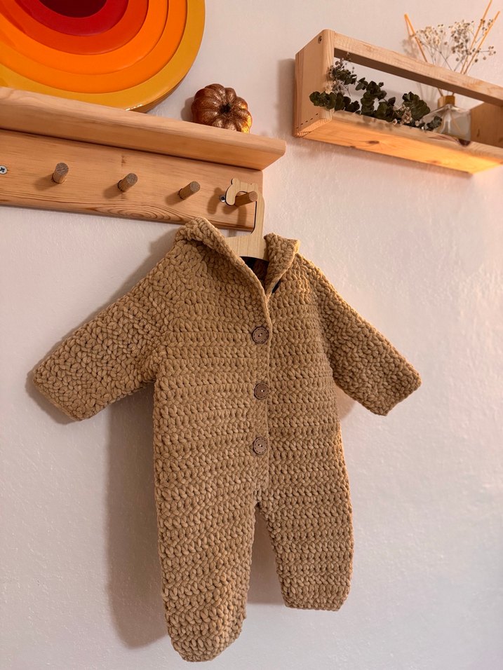 Bej Örgü Bebek Tulumu Kapüşonlu - Görsel 2