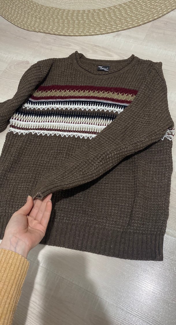 Bohem Tarz  Kahverengi Triko Kazak - Görsel 2