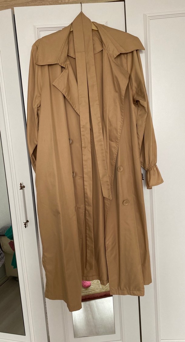 Bej Uzun Keten Kadın Trençkot - Görsel 4