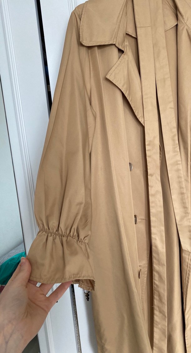 Bej Uzun Keten Kadın Trençkot - Görsel 5