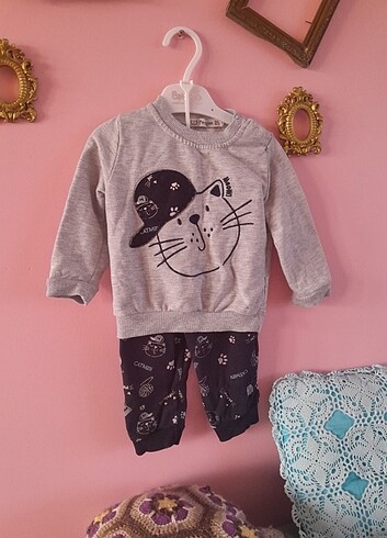 1 Yaş Beden gri Renk Erkek çocuk bebek kedili pijama takım 18 ay