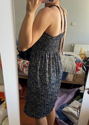 Diğer Straplez Bağcıklı Batik Desen Midi Elbise