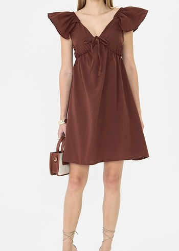 V Yaka Kahverengi Mini Elbise - Görsel 3