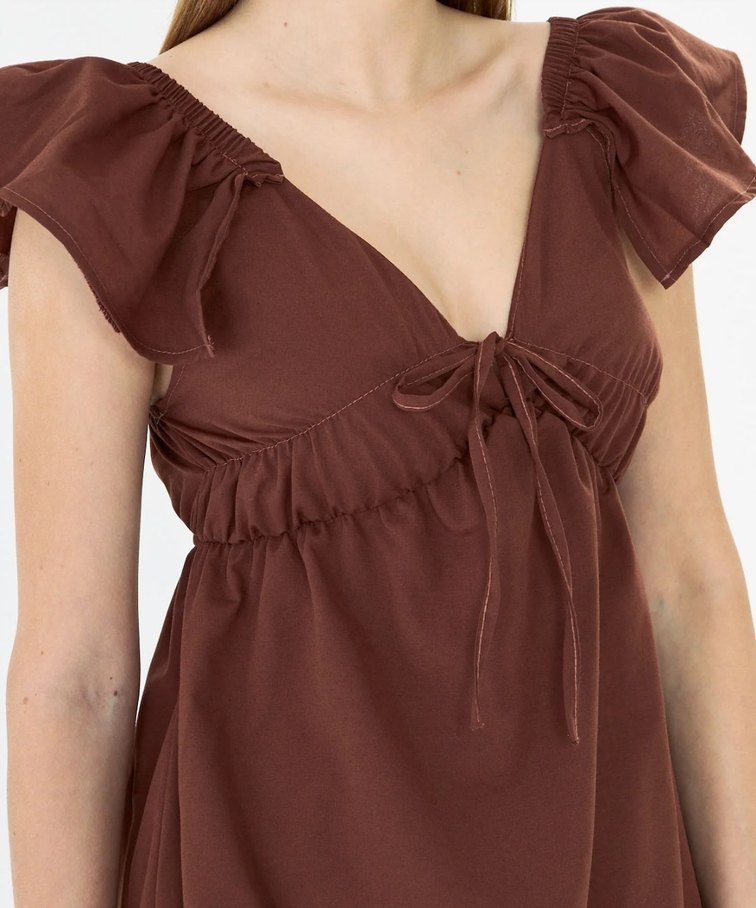 V Yaka Kahverengi Mini Elbise - Görsel 2