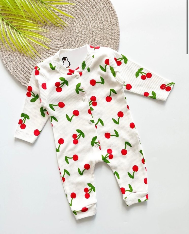 Beyaz Düğmeli Kiraz Desenli Bebek Tulumu - Görsel 3