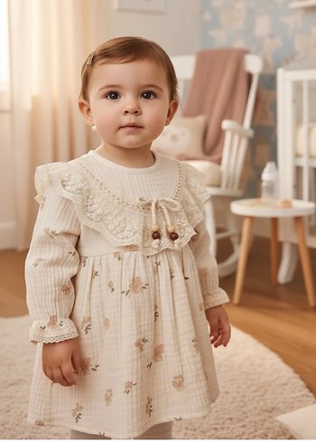 Müslin çiçek detaylı kız bebek elbisesi - Görsel 3