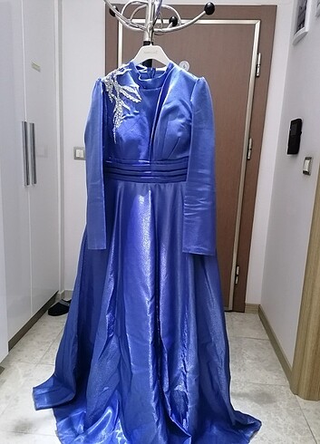 New Elegans marka 48 beden simli mavi Abiye elbise - Görsel 5