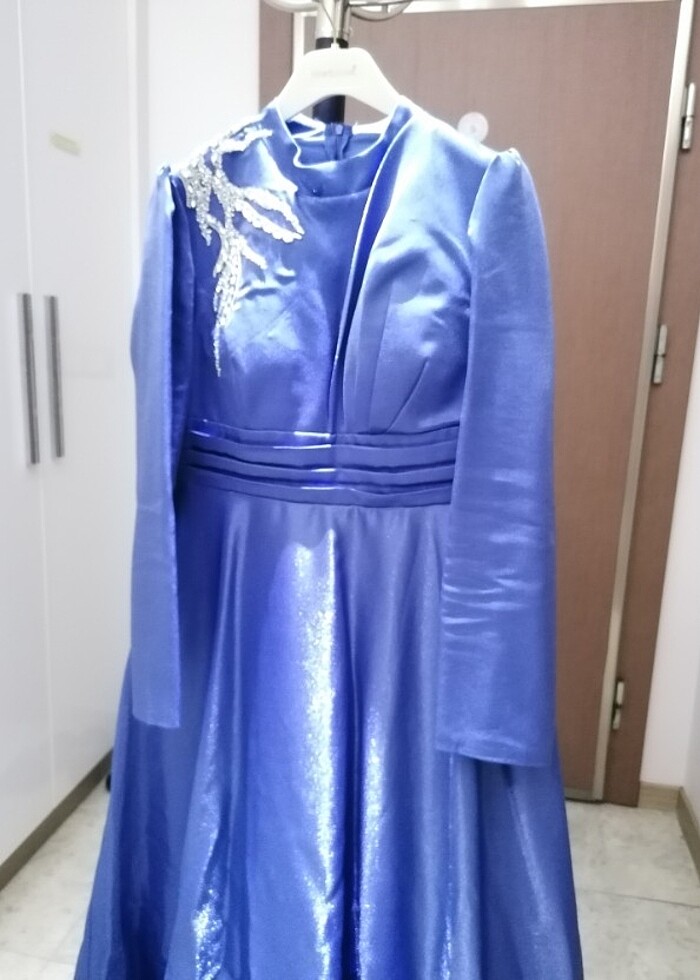 New Elegans marka 48 beden simli mavi Abiye elbise - Görsel 2