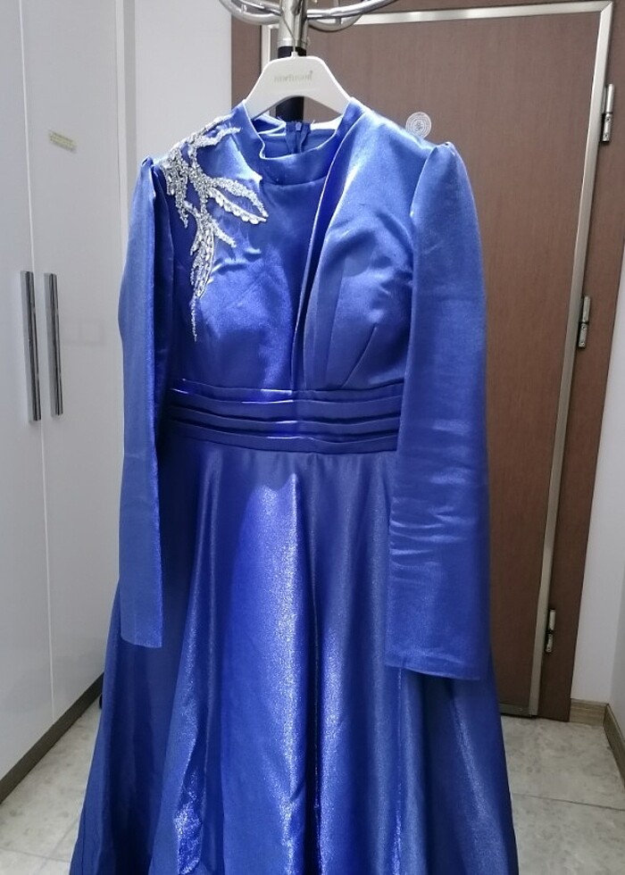 New Elegans marka 48 beden simli mavi Abiye elbise - Görsel 3