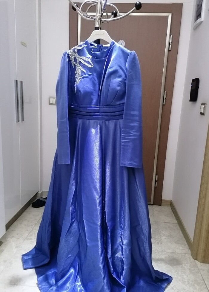 New Elegans marka 48 beden simli mavi Abiye elbise - Görsel 5