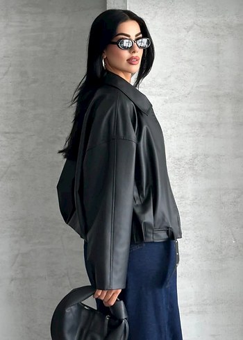 Siyah Deri Kemerli Gevşek Kesim Ceket - Görsel 2