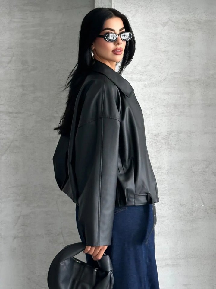 Siyah Deri Kemerli Gevşek Kesim Ceket - Görsel 2
