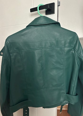 Kemerli Yeşil Kadın Deri Biker Ceket - Görsel 5