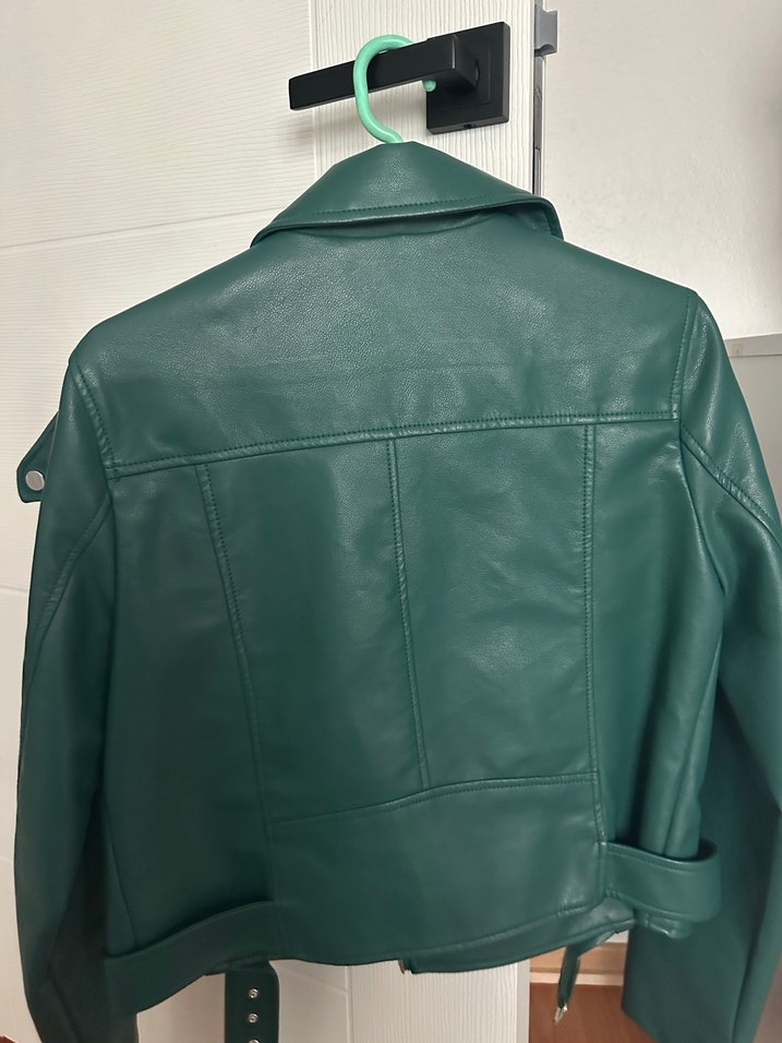 Kemerli Yeşil Kadın Deri Biker Ceket - Görsel 5