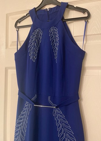 İşlemeli Mavi Uzun Abiye Elbise - Görsel 5