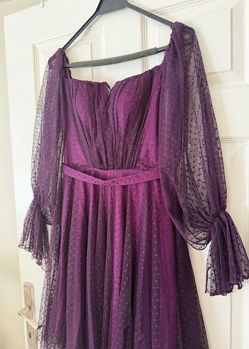 Mor Drapeli Straplez Midi Elbise - Görsel 6