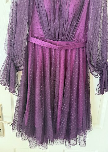 Mor Drapeli Straplez Midi Elbise - Görsel 4