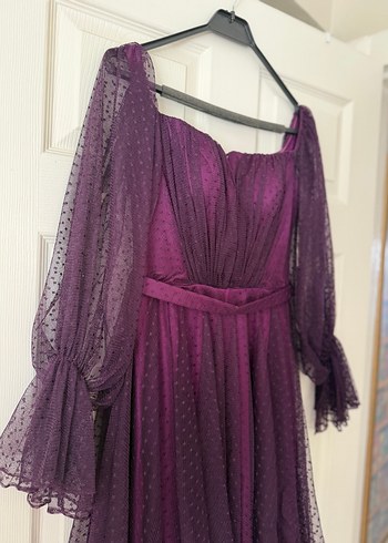 Mor Drapeli Straplez Midi Elbise - Görsel 5