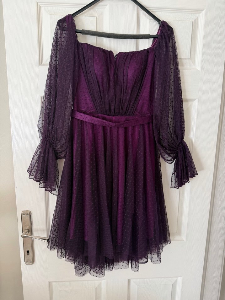 Mor Drapeli Straplez Midi Elbise - Görsel 2