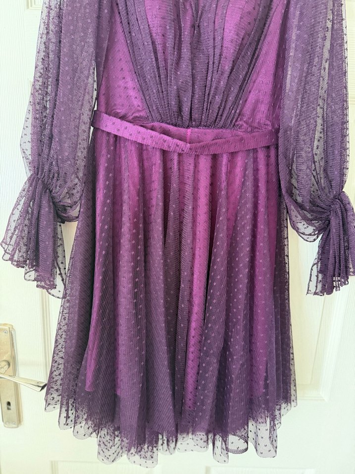 Mor Drapeli Straplez Midi Elbise - Görsel 4