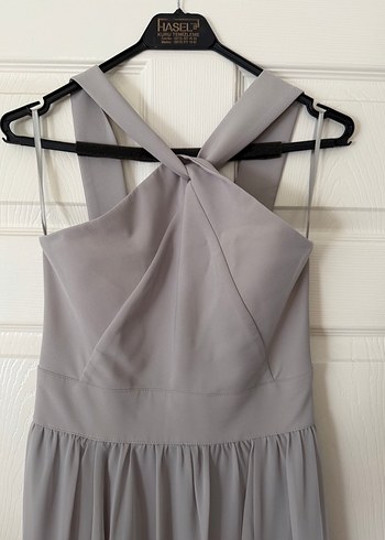 Gri Uzun Askılı Drapeli Abiye Elbise - Görsel 2