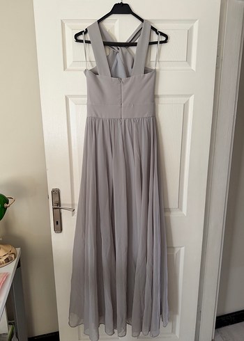 Gri Uzun Askılı Drapeli Abiye Elbise - Görsel 4