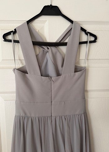 Gri Uzun Askılı Drapeli Abiye Elbise - Görsel 5