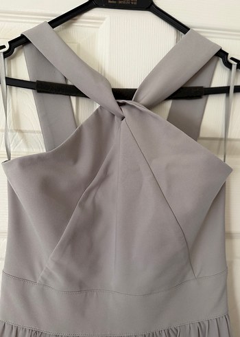 Gri Uzun Askılı Drapeli Abiye Elbise - Görsel 8