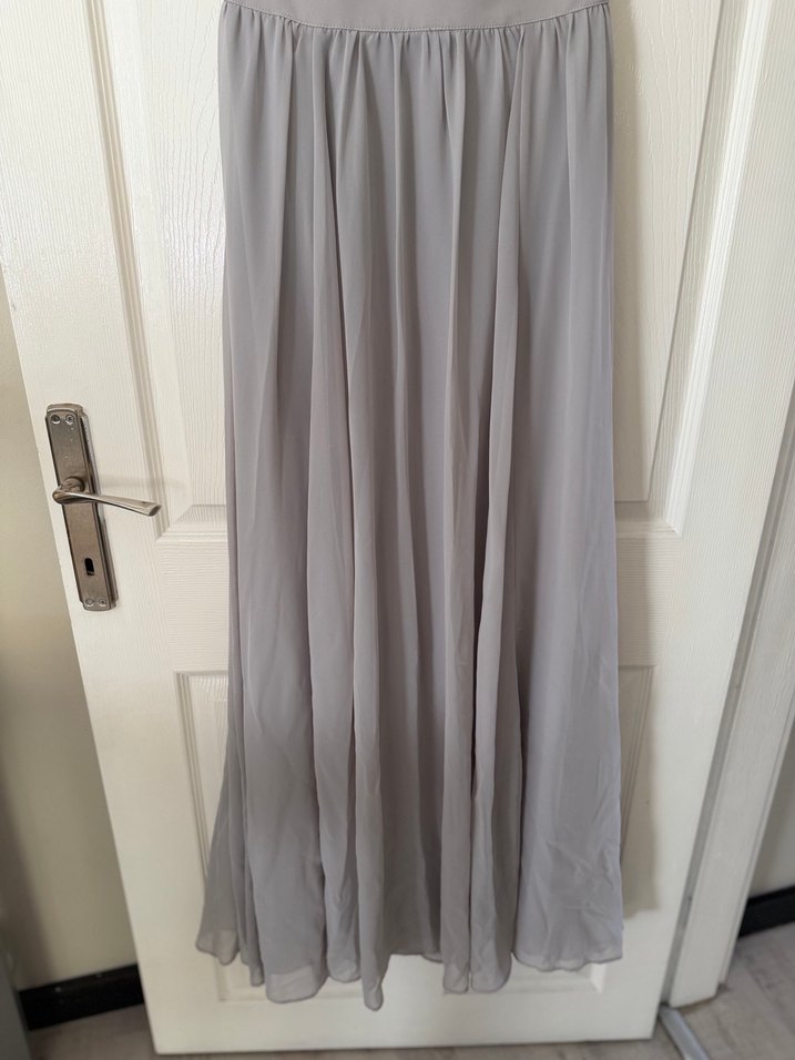 Gri Uzun Askılı Drapeli Abiye Elbise - Görsel 3