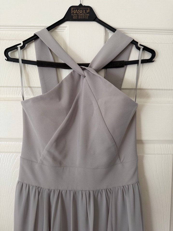 Gri Uzun Askılı Drapeli Abiye Elbise - Görsel 2