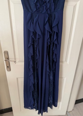 Kayık Yaka Lacivert Uzun Kadın Abiye Elbise - Görsel 3