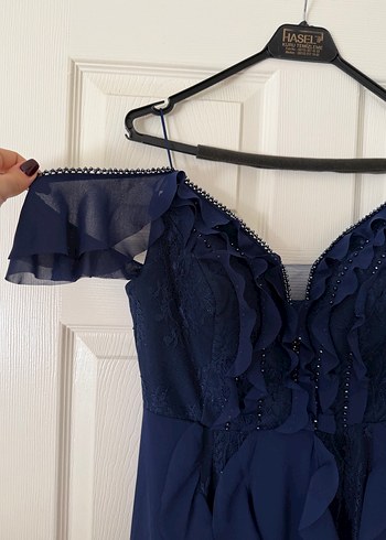 Kayık Yaka Lacivert Uzun Kadın Abiye Elbise - Görsel 4