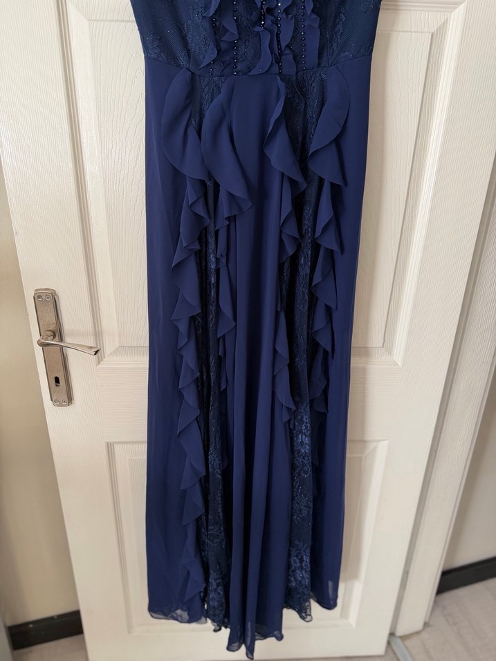 Kayık Yaka Lacivert Uzun Kadın Abiye Elbise - Görsel 3