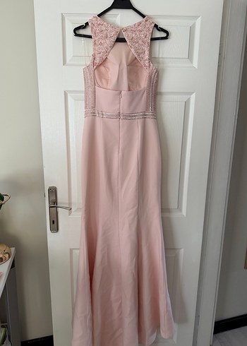 Dantel İşlemeli Pembe Uzun Abiye Elbise - Görsel 4