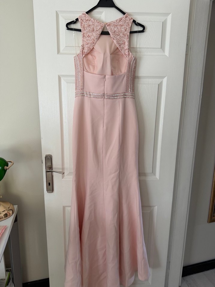 Dantel İşlemeli Pembe Uzun Abiye Elbise - Görsel 4