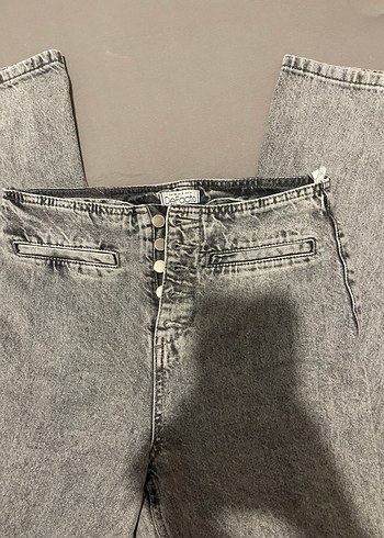 Düğmeli Gri Denim Kadın Pantolon