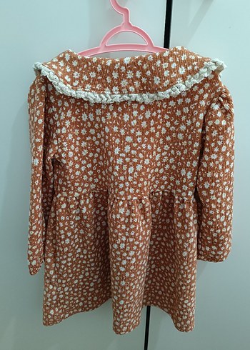 Kahverengi Çiçek Desenli Uzun Kollu Kız Elbisesi - Görsel 3