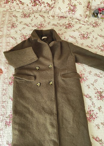 Düğmeli Uzun haki renk Kadın Yün Kaban - Görsel 2