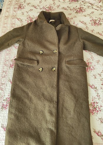 Düğmeli Uzun haki renk Kadın Yün Kaban - Görsel 3