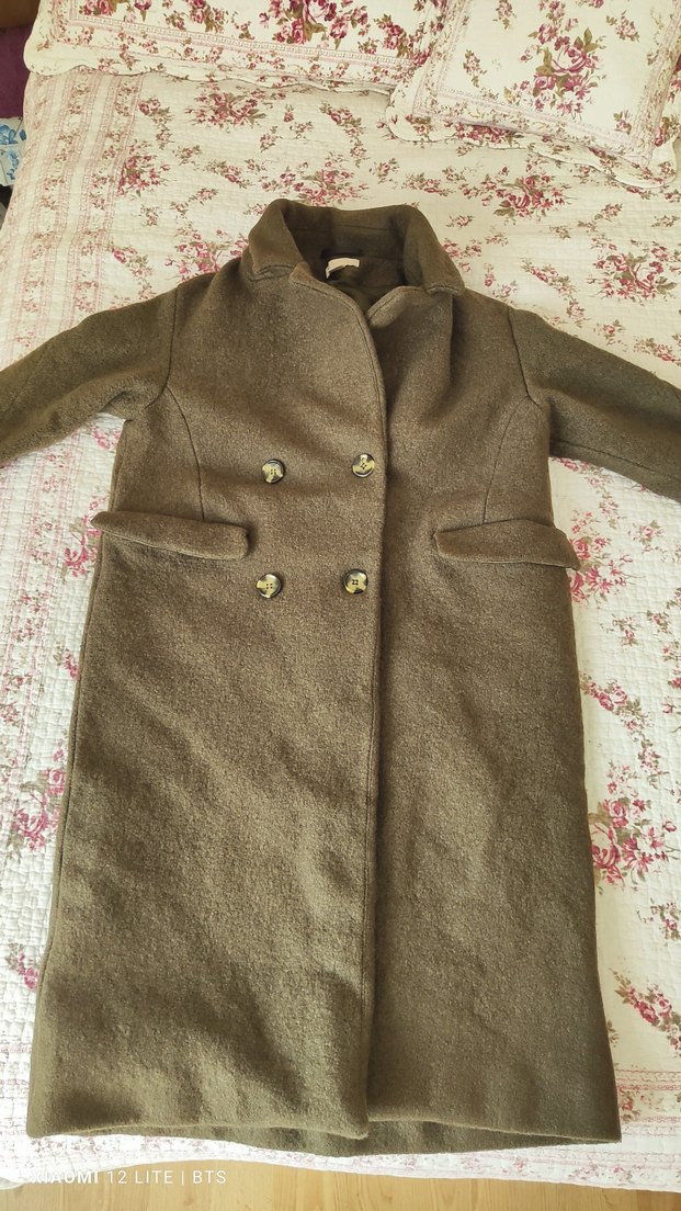 Düğmeli Uzun haki renk Kadın Yün Kaban - Görsel 3