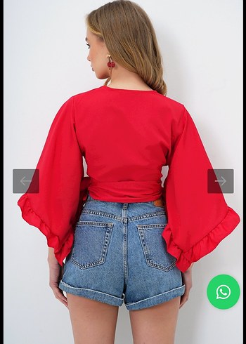 Kırmızı Kuşaklı V Yaka Mini Bluz - Görsel 6