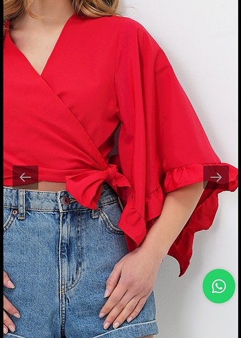 Kırmızı Kuşaklı V Yaka Mini Bluz - Görsel 4